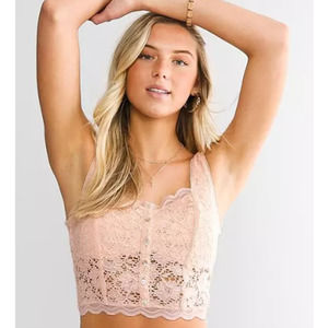 BKE Buckle | Light Pink Lace Corset-Style Button-Front Stretchy Crop Top